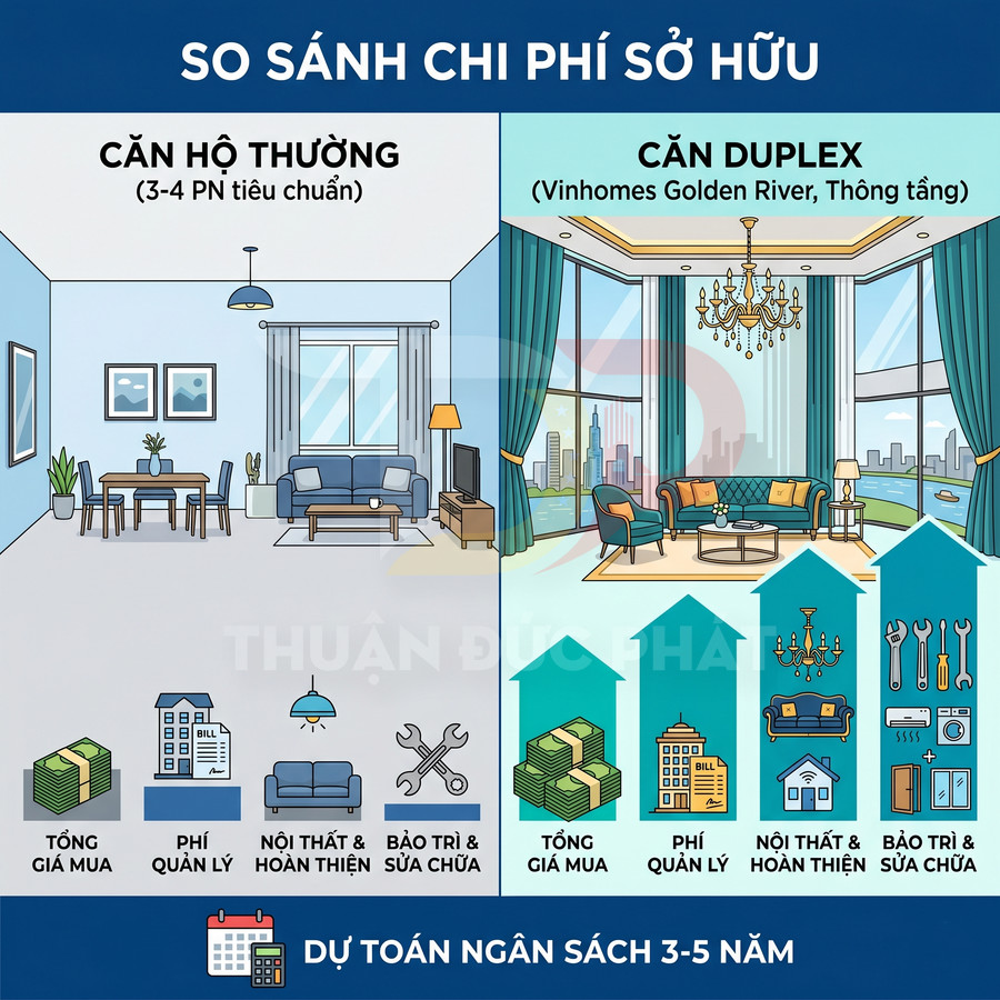 So sánh chi phí sở hữu căn hộ thường và căn duplex Vinhomes Golden River trong 3 đến 5 năm