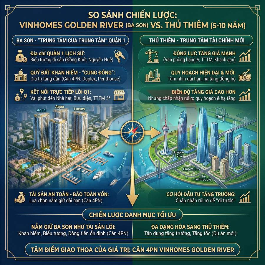 Infographic so sánh chiến lược đầu tư căn hộ Vinhomes Golden River Ba Son và khu đô thị Thủ Thiêm