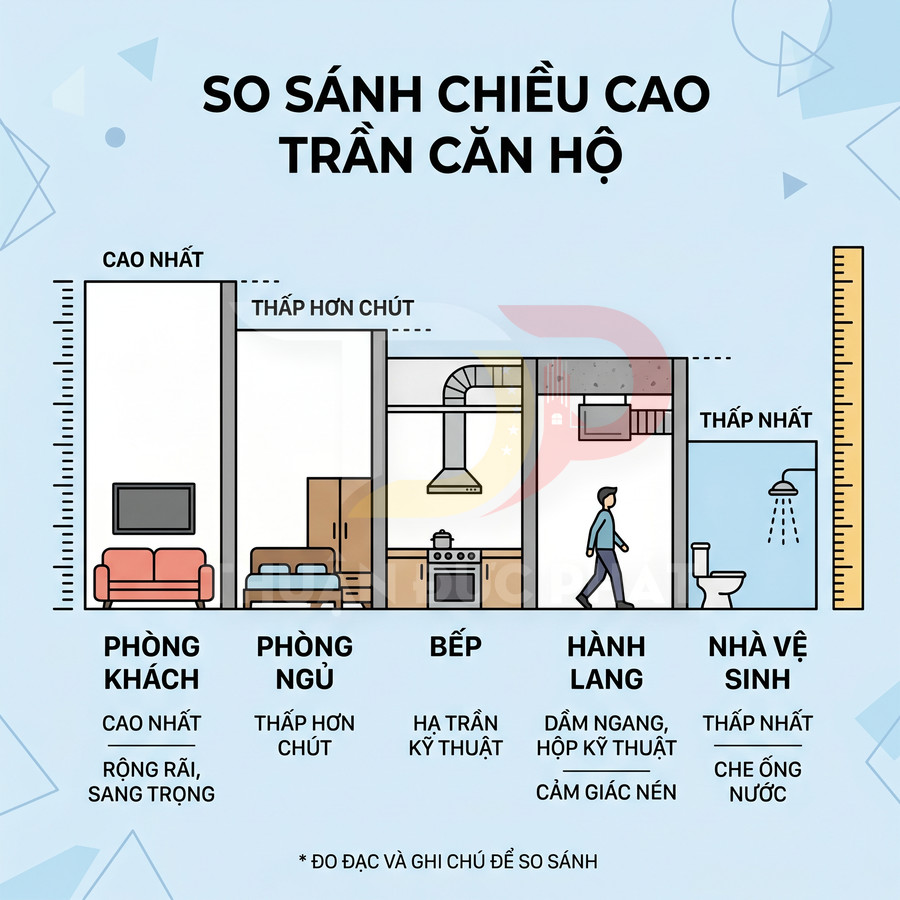 So sánh chiều cao trần căn hộ giữa phòng khách, phòng ngủ, bếp, hành lang và nhà vệ sinh