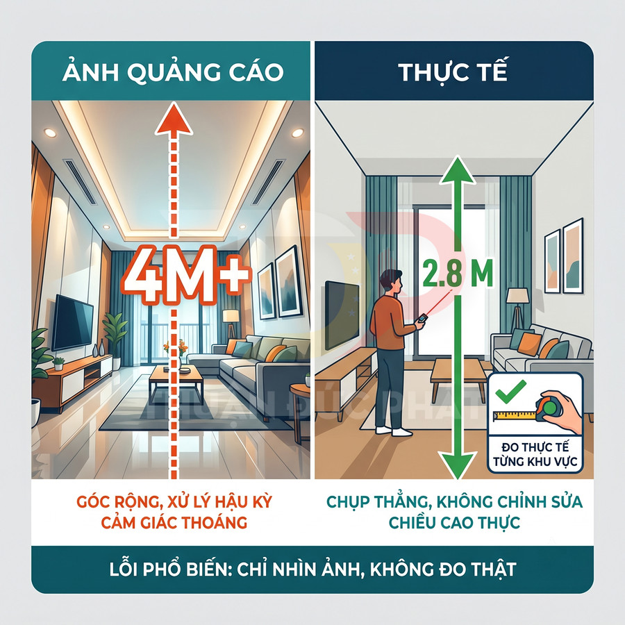 So sánh phòng khách quảng cáo trần cao 4m với phòng thực tế trần 2.8m, khuyến nghị đo chiều cao thật