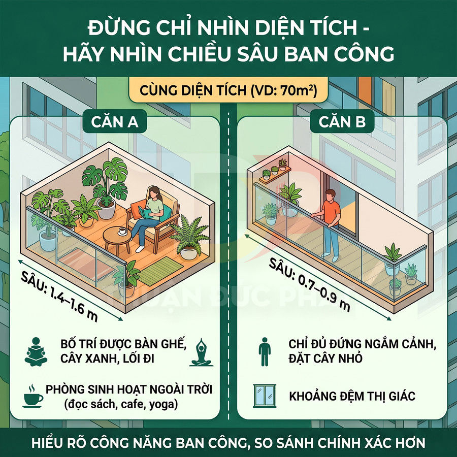 So sánh minh họa hai kiểu ban công chung cư sâu rộng để bố trí bàn ghế, cây xanh và sinh hoạt ngoài trời