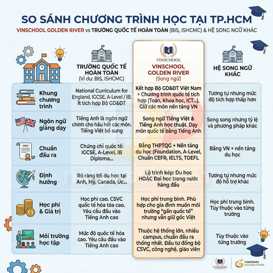 Infographic so sánh chương trình học Vinschool Golden River với trường quốc tế và hệ song ngữ tại TP HCM