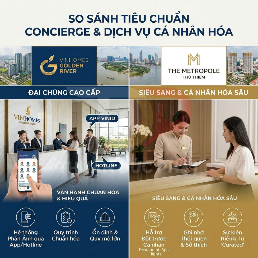 So sánh dịch vụ concierge Vinhomes Golden River và The Metropole Thủ Thiêm với nhân viên lễ tân hỗ trợ khách hàng