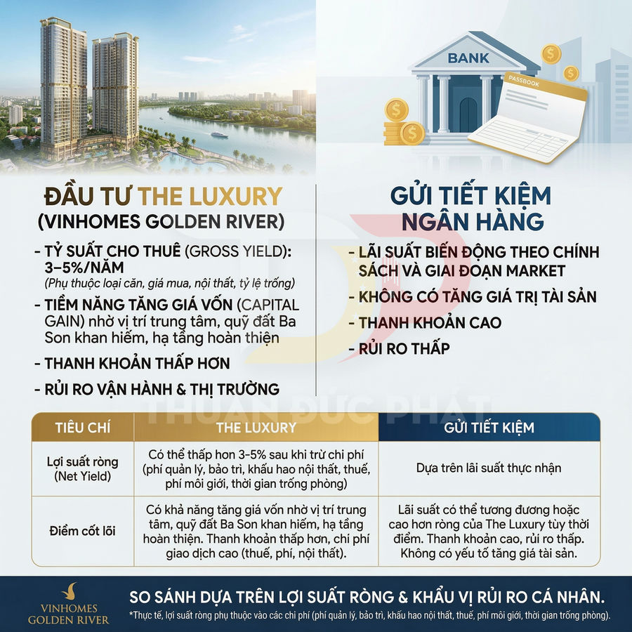 So sánh đầu tư căn hộ The Luxury Vinhomes Golden River với gửi tiết kiệm ngân hàng về lợi suất và rủi ro