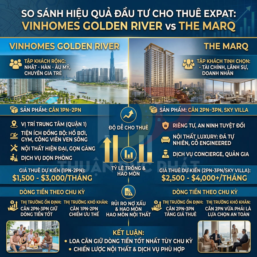Infographic so sánh dự án căn hộ Vinhomes Golden River và The Marq cho thuê expat tại TP HCM