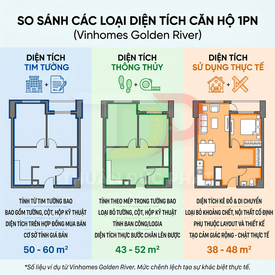So sánh các loại diện tích căn hộ 1 phòng ngủ Vinhomes Golden River với 3 mặt bằng minh họa chi tiết