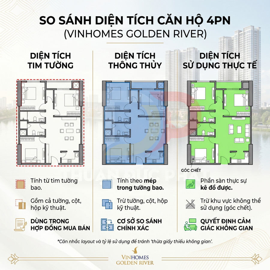 So sánh diện tích căn hộ 4 phòng ngủ Vinhomes Golden River theo tim tường, thông thủy và sử dụng thực tế