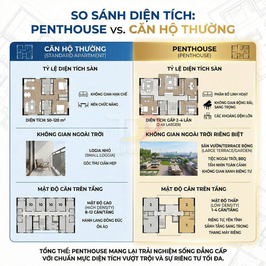 Infographic so sánh diện tích và không gian sống giữa căn hộ penthouse cao cấp và căn hộ chung cư tiêu chuẩn