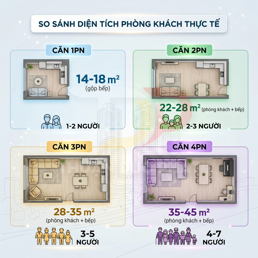 So sánh diện tích phòng khách căn hộ 1PN, 2PN, 3PN, 4PN và số người phù hợp