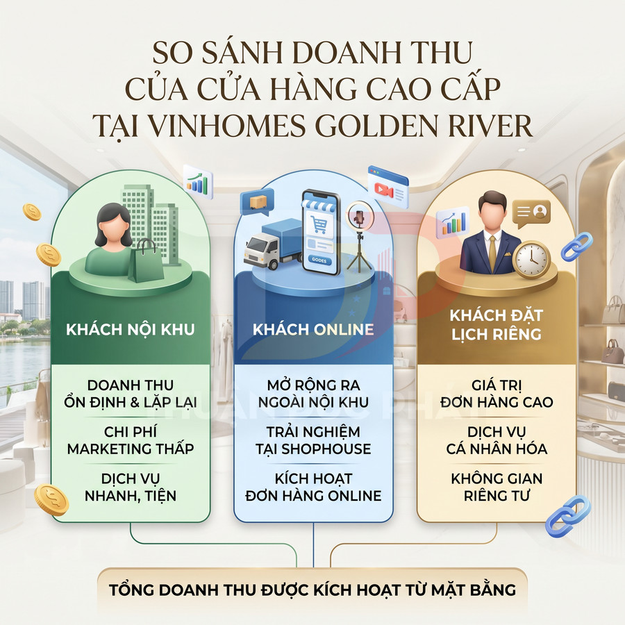 So sánh doanh thu cửa hàng cao cấp tại Vinhomes Golden River cho khách nội khu, khách online và khách đặt lịch riêng