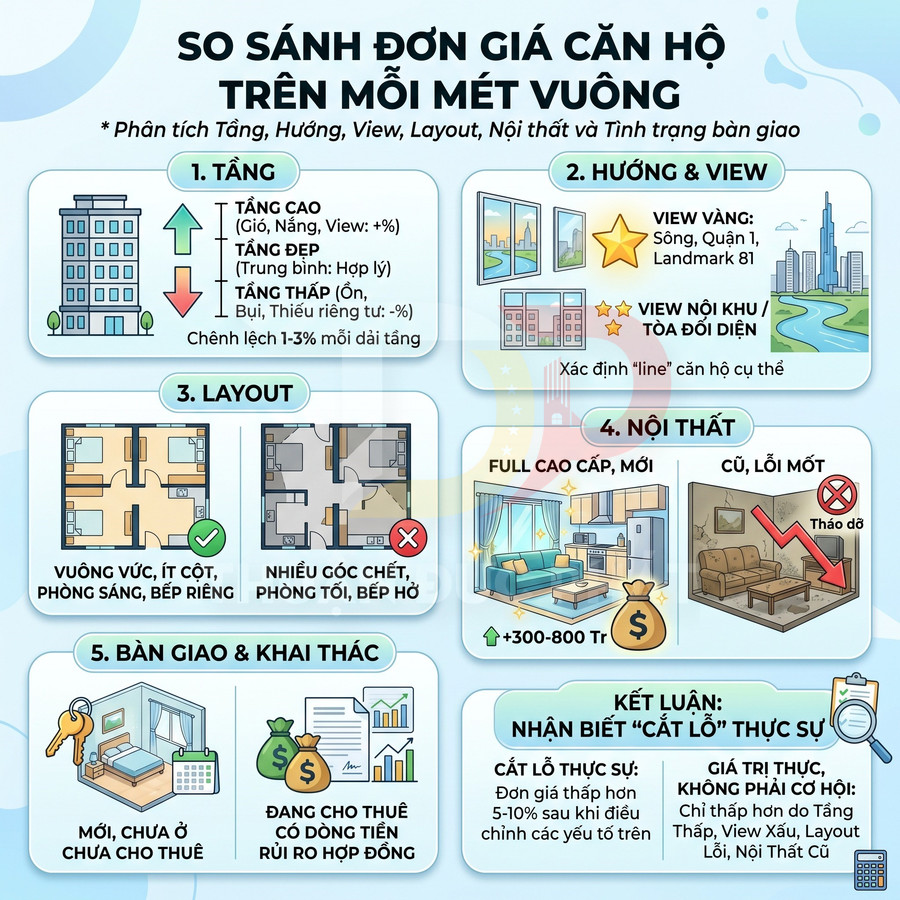 Infographic so sánh đơn giá căn hộ theo tầng, hướng view, layout, nội thất và tình trạng bàn giao