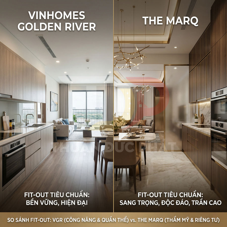 So sánh nội thất căn hộ Vinhomes Golden River và The Marq với hai phong cách bếp và phòng khách cao cấp