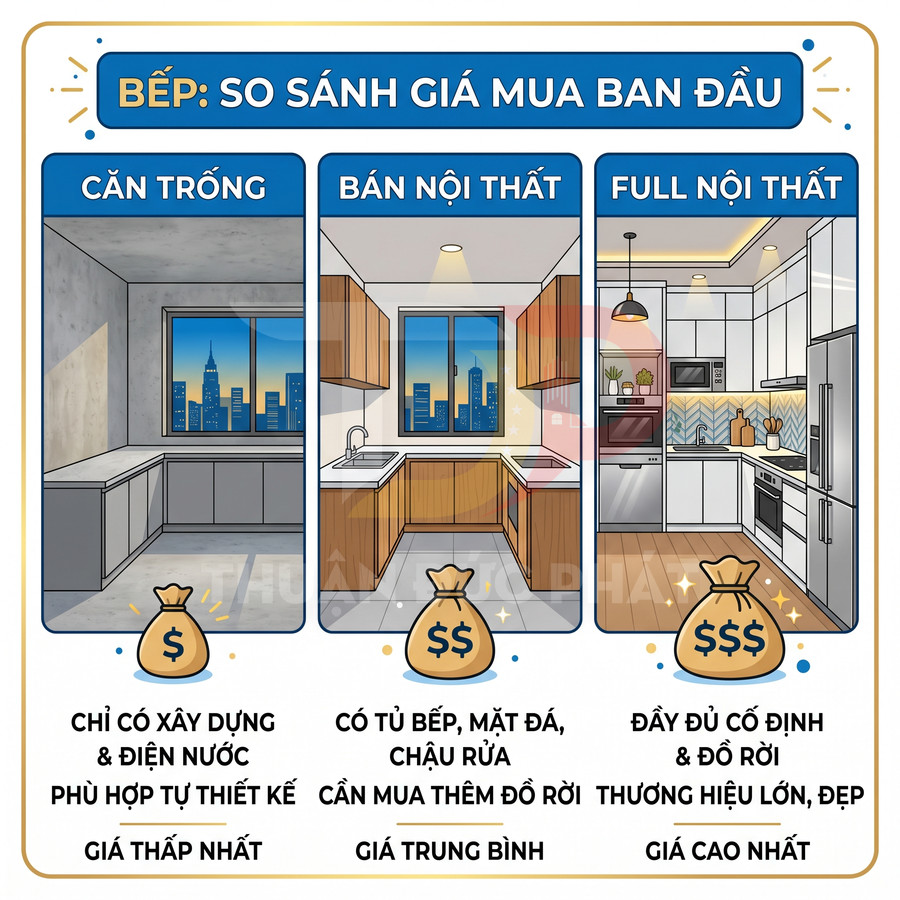 So sánh chi phí ba loại bếp: căn trống, bếp bán nội thất và bếp full nội thất hiện đại