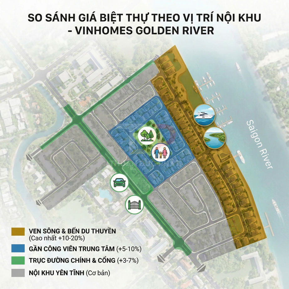 Bản đồ nội khu Vinhomes Golden River so sánh giá biệt thự theo vị trí gần sông, công viên, trục đường chính