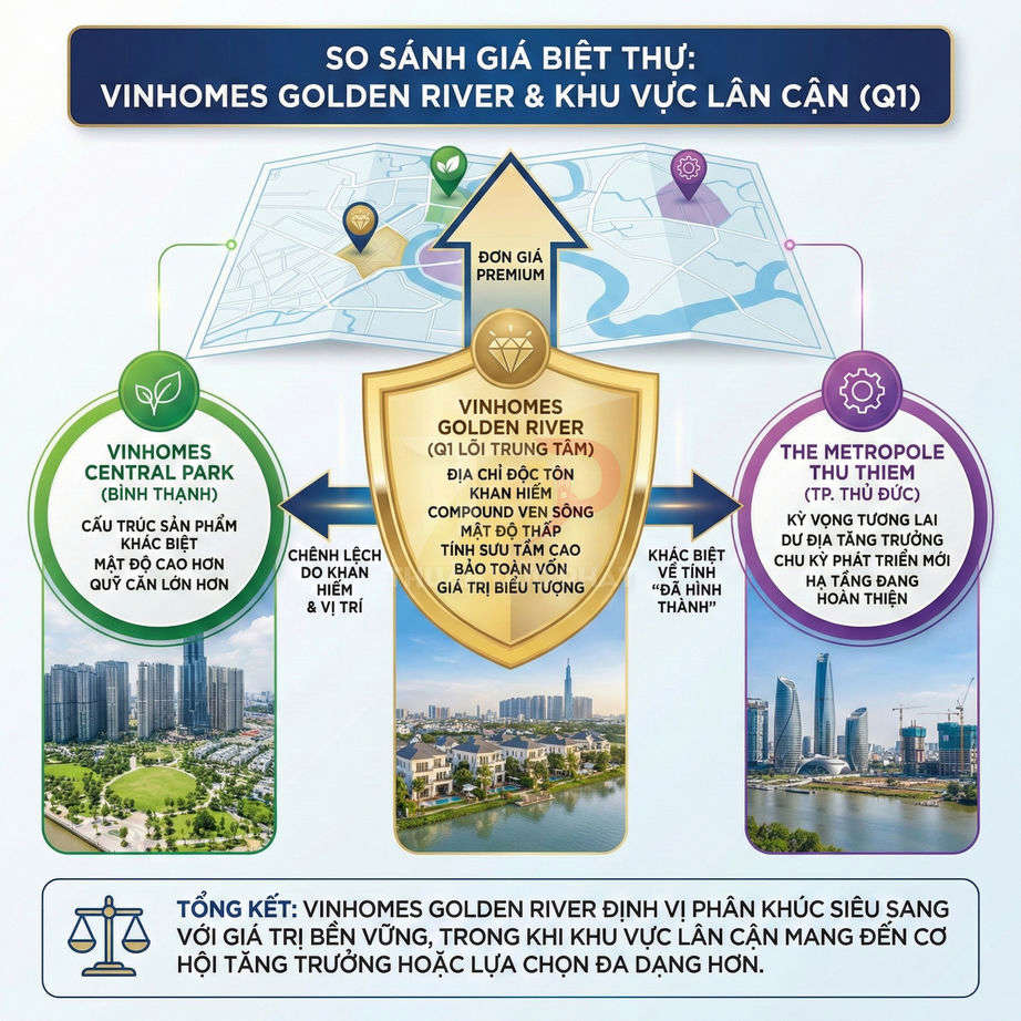 Infographic so sánh giá biệt thự Vinhomes Golden River với Vinhomes Central Park và The Metropole Thủ Thiêm