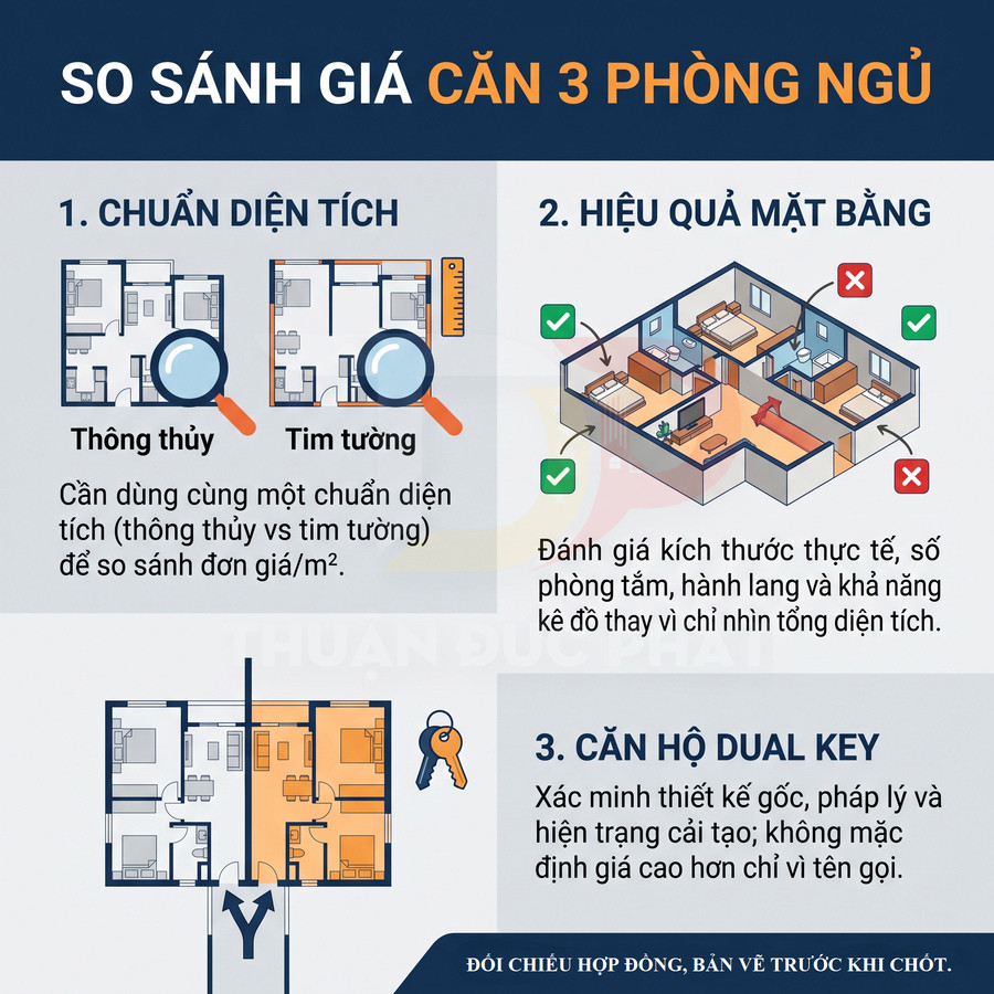 Các tiêu chí so sánh giá căn hộ 3 phòng ngủ gồm chuẩn diện tích, hiệu quả mặt bằng và căn hộ dual key.