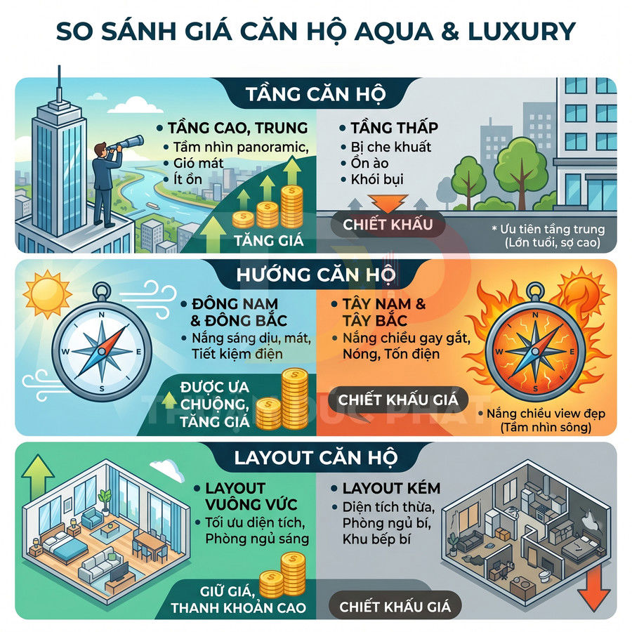 Infographic so sánh giá căn hộ Aqua và Luxury theo tầng, hướng và layout với minh họa tòa nhà, la bàn, nội thất