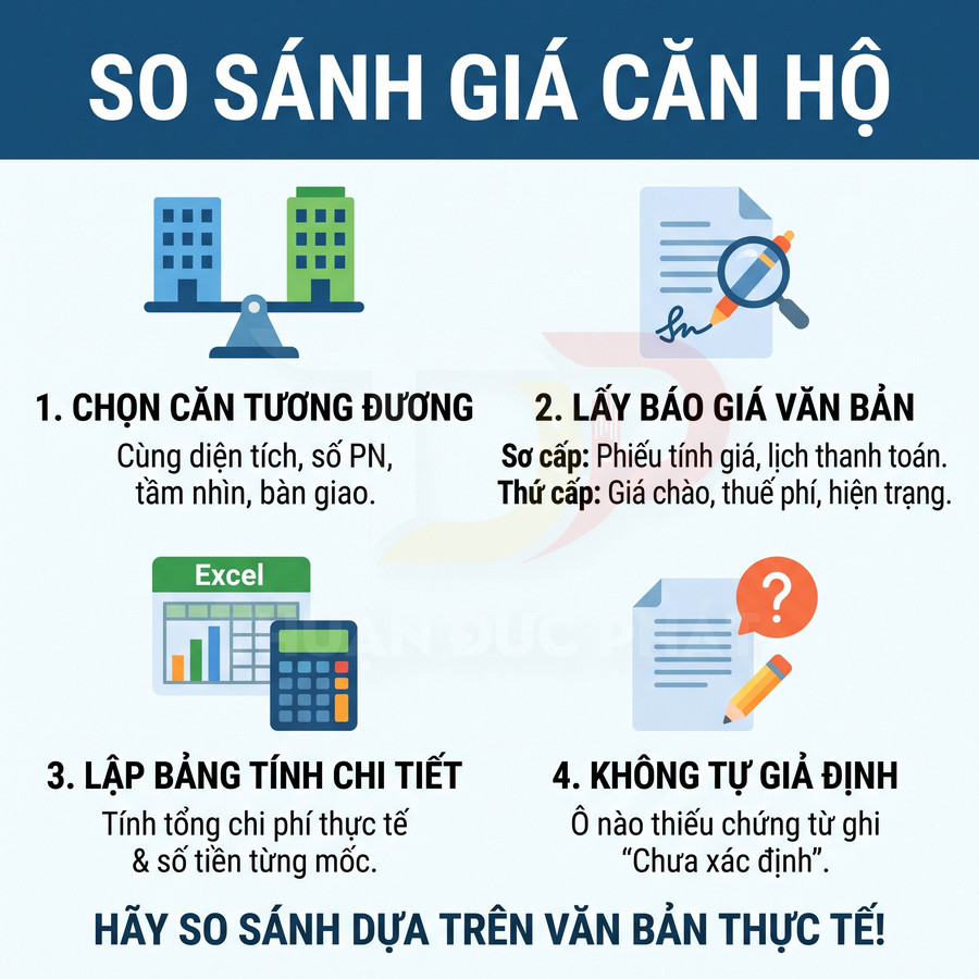 Các bước so sánh giá căn hộ dựa trên căn tương đương, báo giá văn bản và bảng tính chi tiết, không tự giả định thông tin thiếu chứng từ