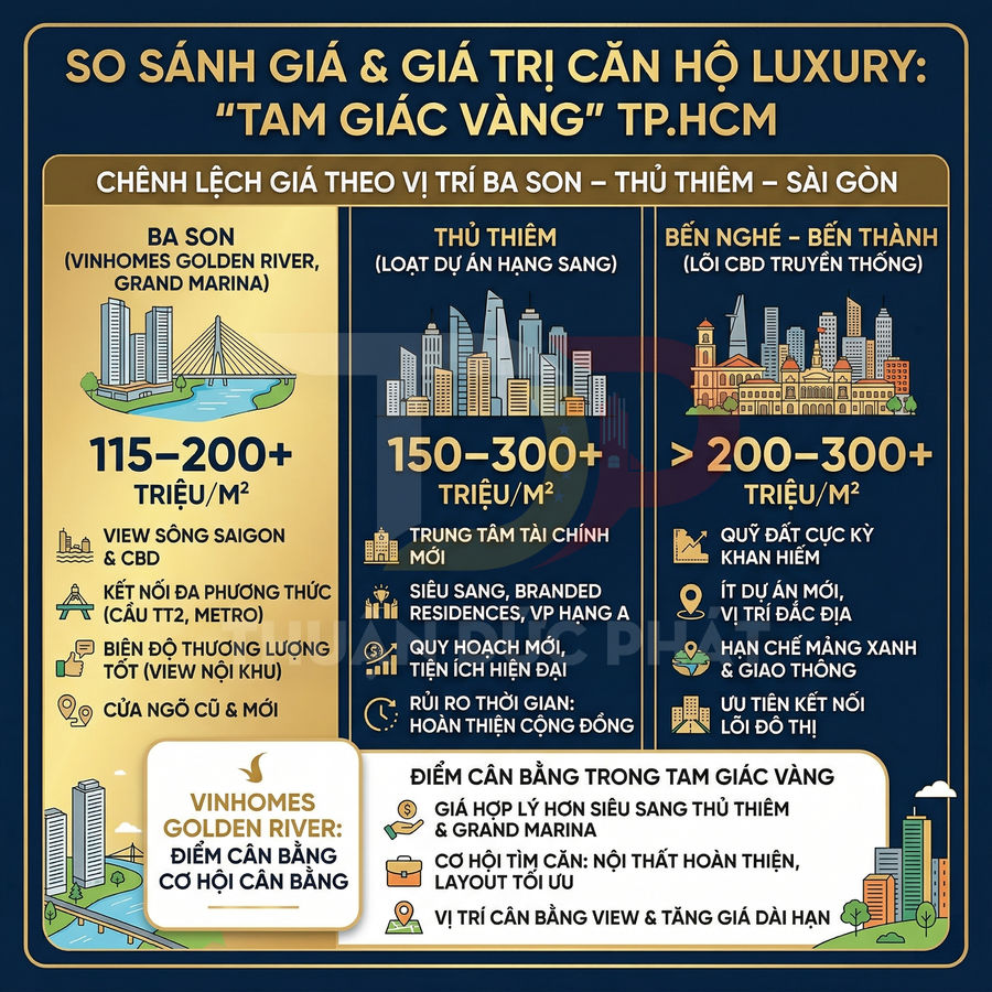 Infographic so sánh giá trị căn hộ luxury tại tam giác vàng Ba Son Thủ Thiêm Bến Nghé Bến Thành TP HCM