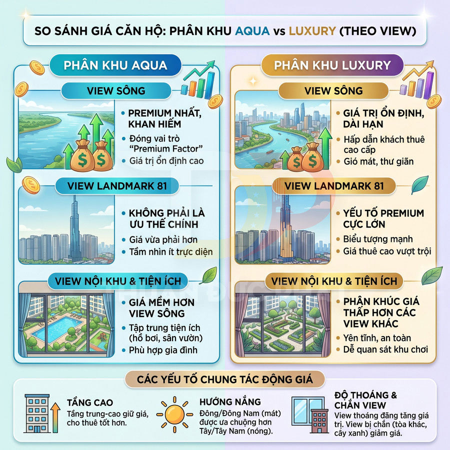 Infographic so sánh giá căn hộ phân khu Aqua và Luxury theo view sông, Landmark 81, nội khu và các yếu tố tác động giá