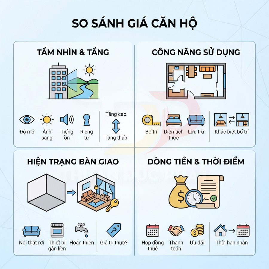 Infographic so sánh giá căn hộ về tầm nhìn, công năng, hiện trạng bàn giao, dòng tiền và thời điểm nhận nhà
