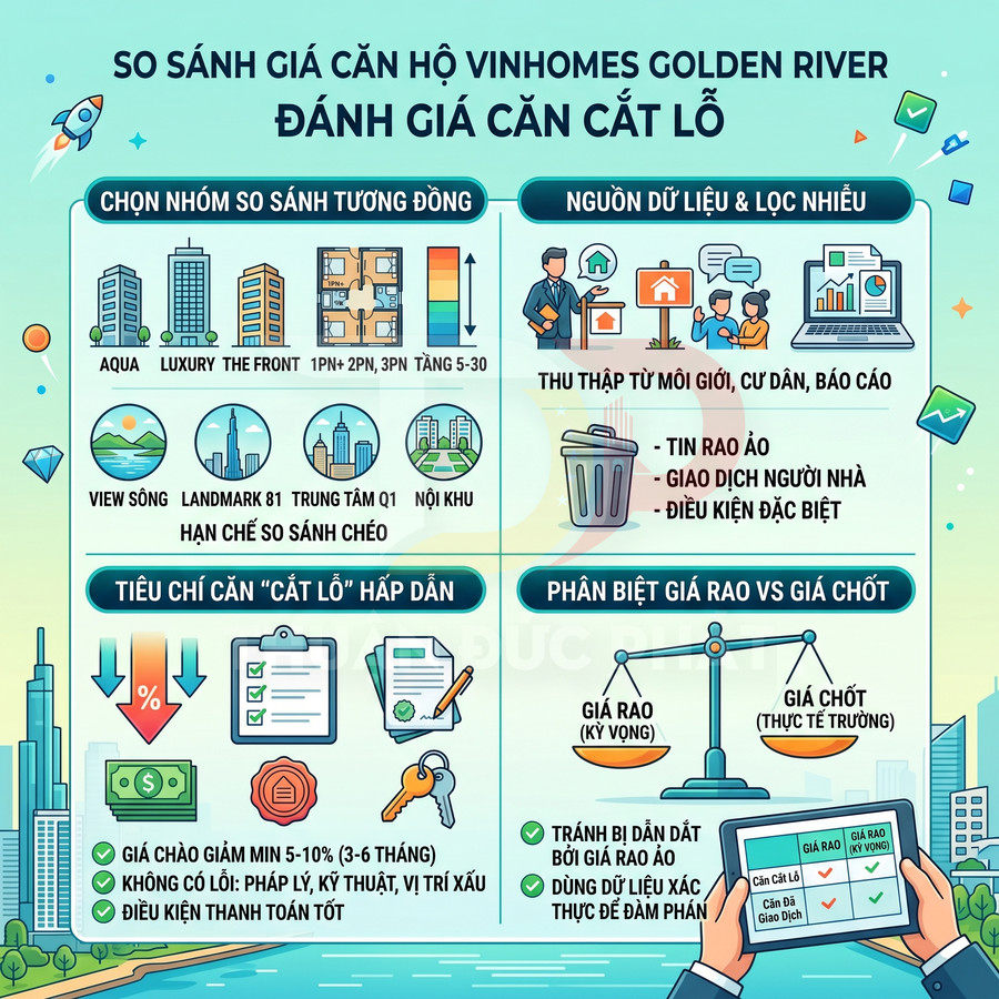 Infographic so sánh giá căn hộ Vinhomes Golden River và tiêu chí đánh giá căn cắt lỗ hấp dẫn