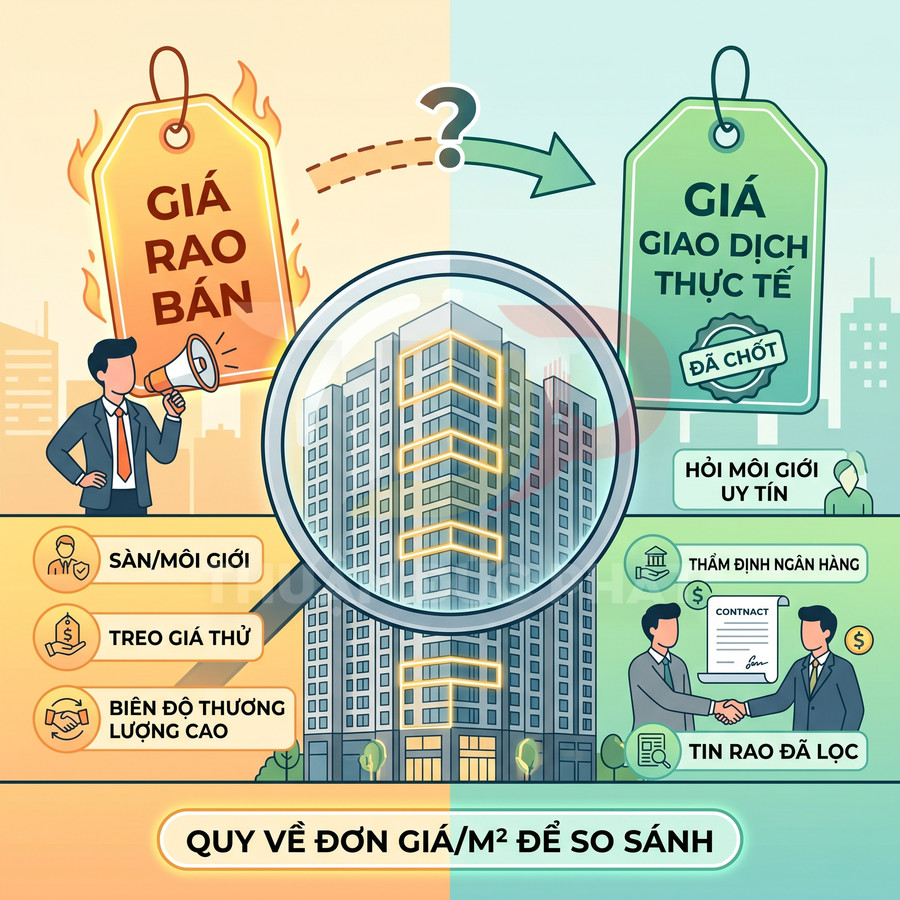 So sánh giá rao bán và giá giao dịch thực tế căn hộ chung cư qua môi giới và thẩm định ngân hàng