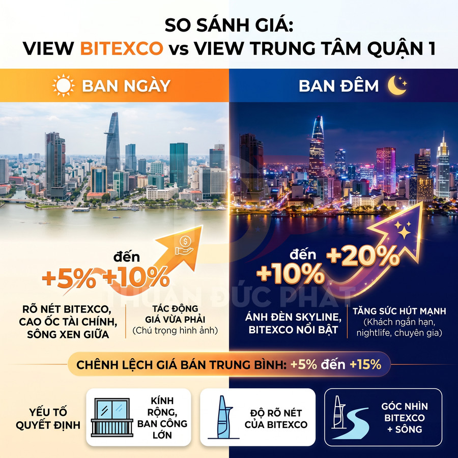 So sánh giá căn hộ view Bitexco ban ngày và ban đêm với chênh lệch giá bán trung bình 5 đến 15 phần trăm