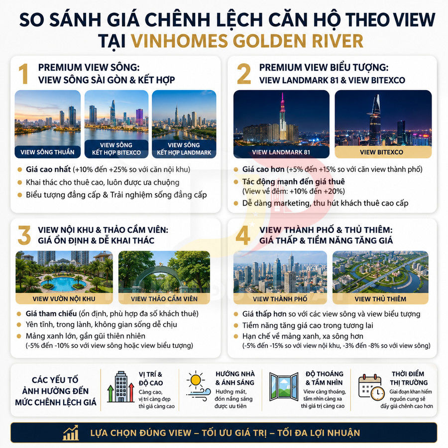 Infographic so sánh giá chênh lệch căn hộ theo view tại dự án Vinhomes Golden River