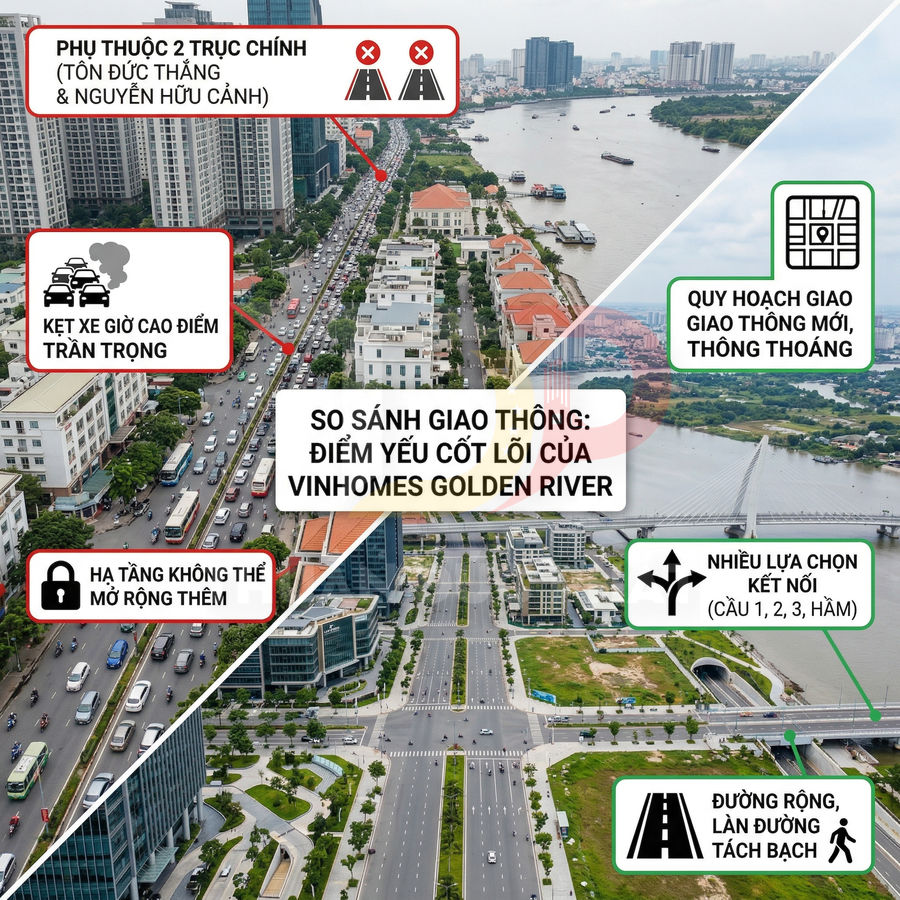So sánh giao thông Vinhomes Golden River với khu đô thị mới, một bên kẹt xe một bên đường rộng thông thoáng