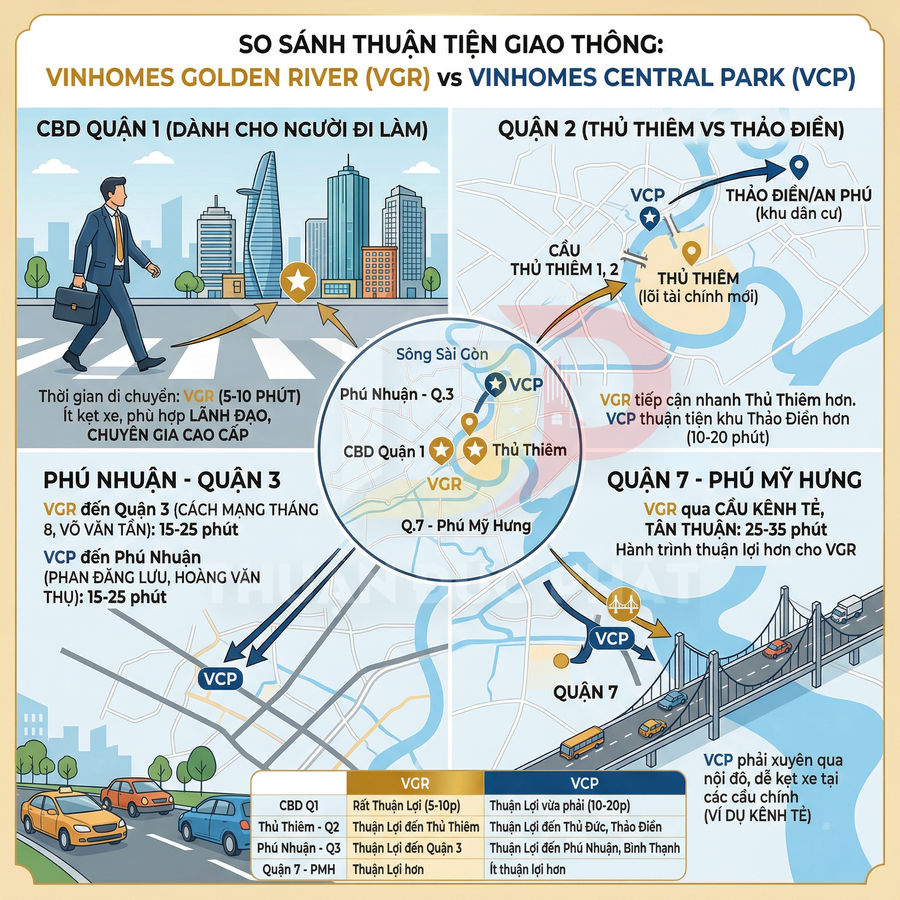 Infographic so sánh vị trí giao thông Vinhomes Golden River và Vinhomes Central Park tại TP HCM