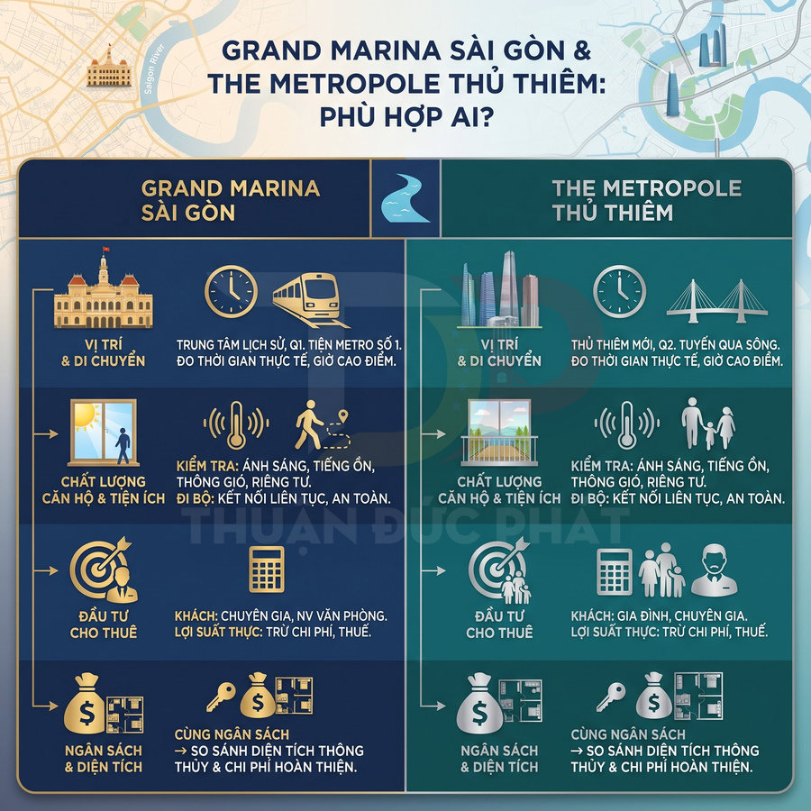 So sánh dự án Grand Marina Sài Gòn và The Metropole Thủ Thiêm về vị trí, tiện ích, đầu tư cho thuê và ngân sách.