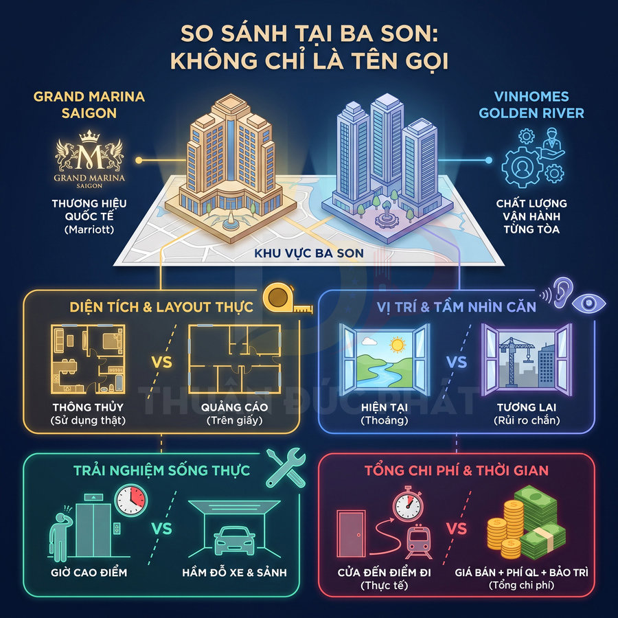 So sánh Grand Marina Saigon và Vinhomes Golden River tại Ba Son về diện tích, layout, vị trí, trải nghiệm sống và chi phí.