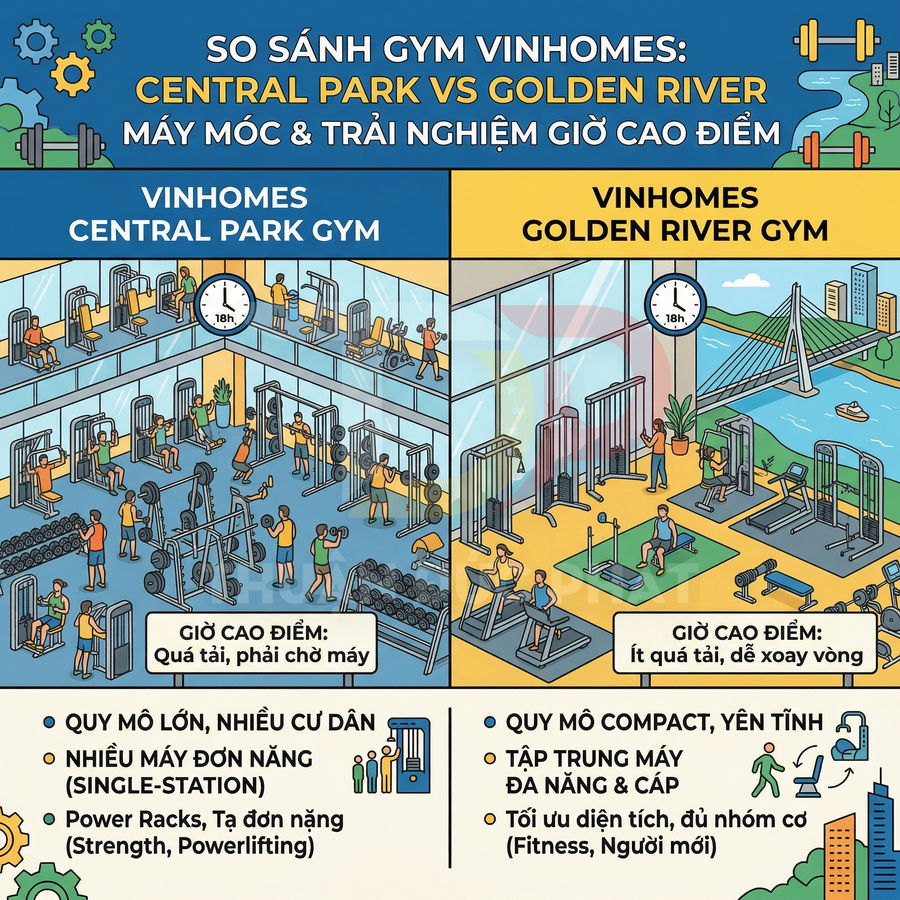 So sánh phòng gym Vinhomes Central Park và Golden River về máy móc và trải nghiệm giờ cao điểm