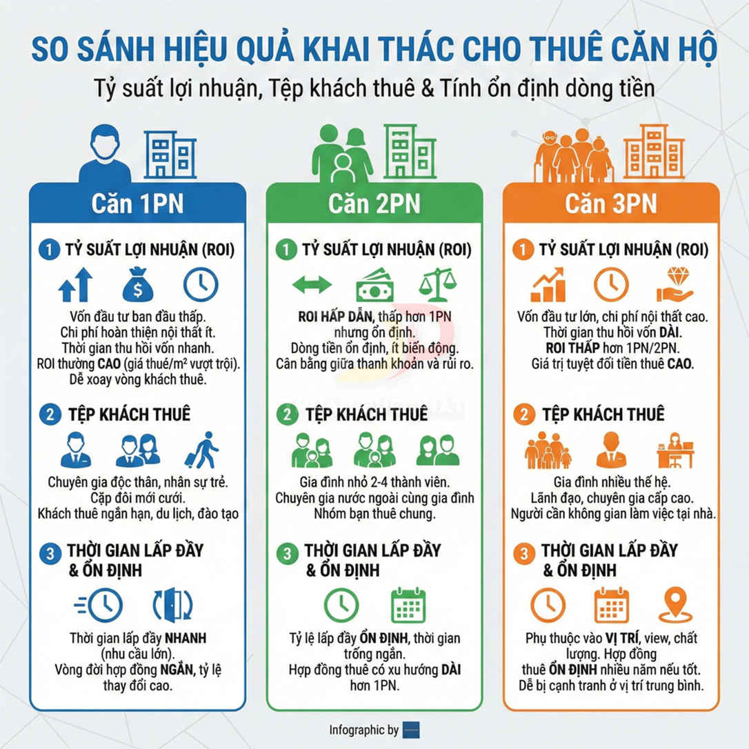 Infographic so sánh hiệu quả khai thác cho thuê căn hộ 1PN, 2PN, 3PN về ROI, tệp khách thuê và thời gian lấp đầy