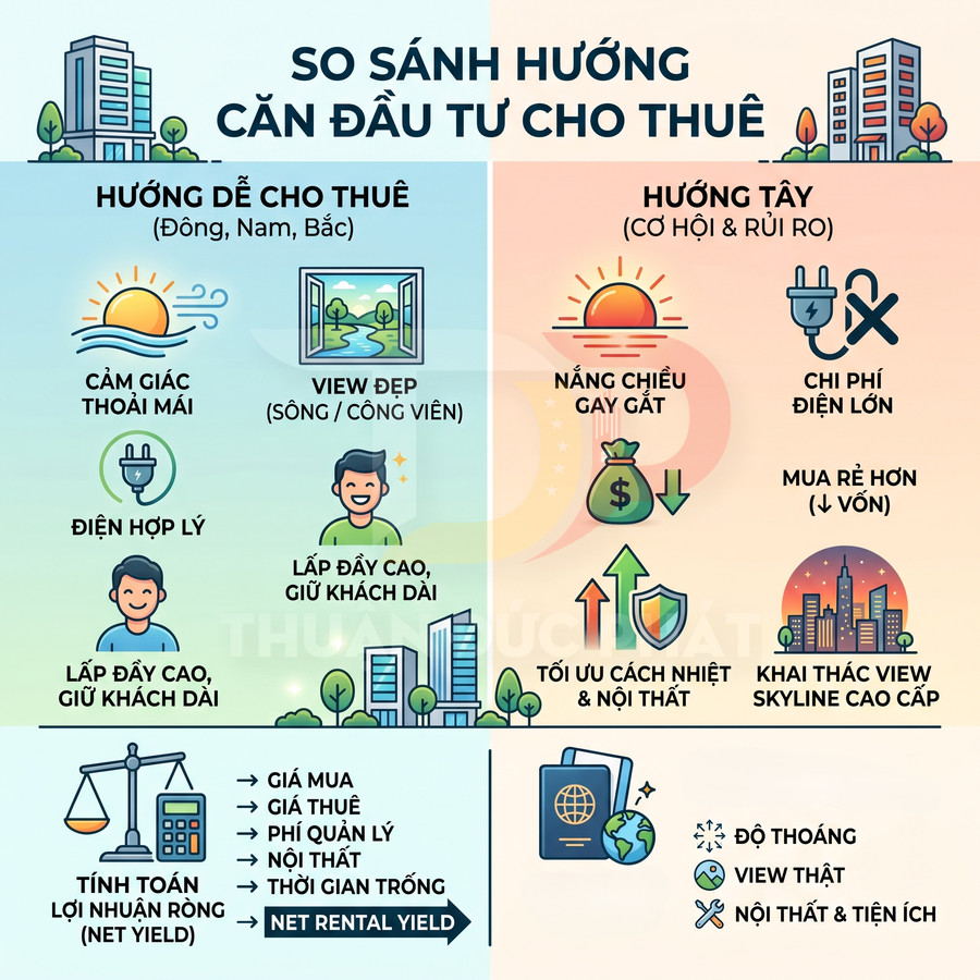 Infographic so sánh hướng căn hộ đầu tư cho thuê, ưu nhược điểm hướng Đông Nam Bắc và hướng Tây