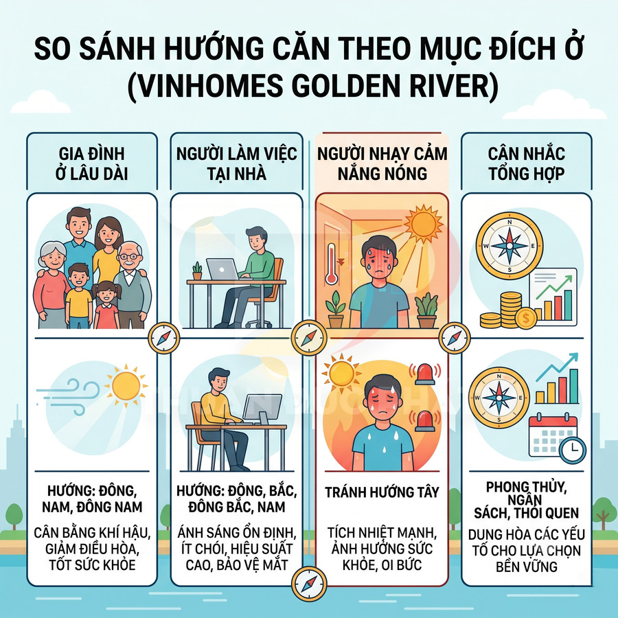 Infographic so sánh hướng căn hộ theo mục đích ở tại dự án Vinhomes Golden River