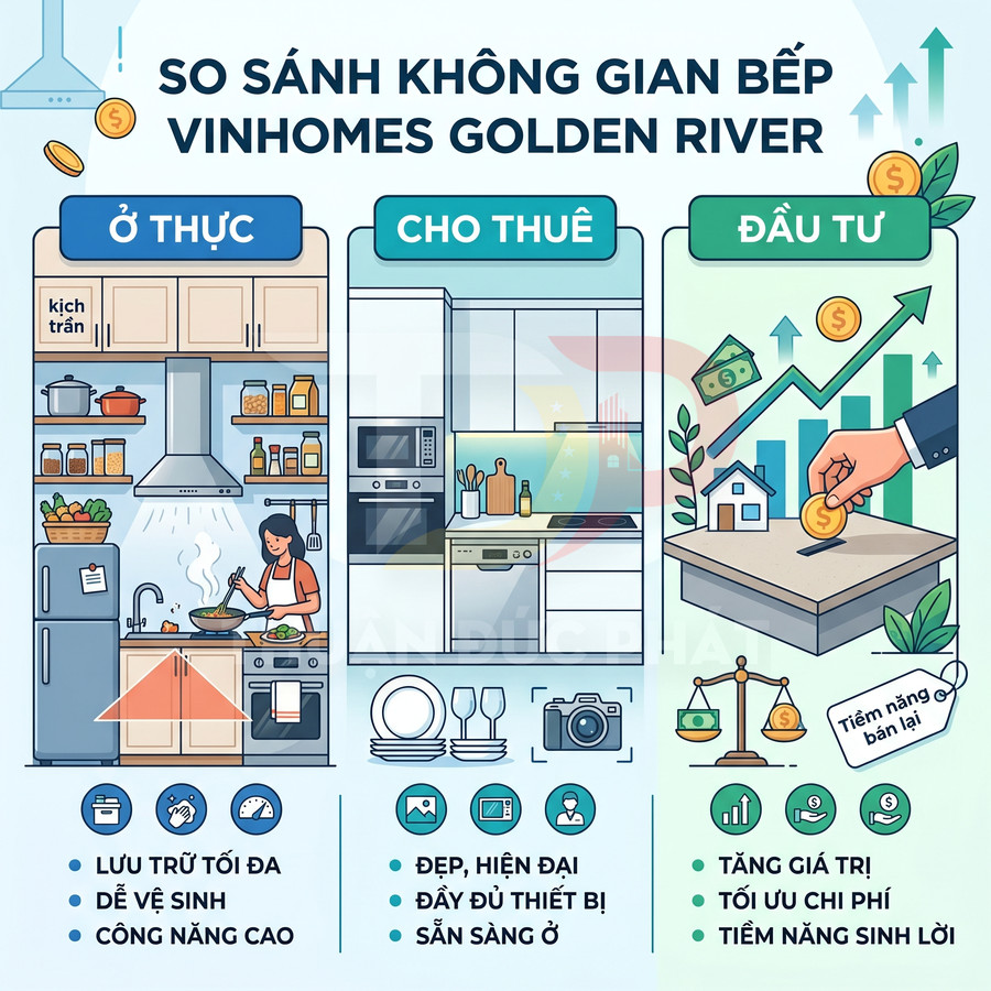 So sánh không gian bếp Vinhomes Golden River cho ở thực, cho thuê và đầu tư với tiện ích, công năng và giá trị tăng trưởng