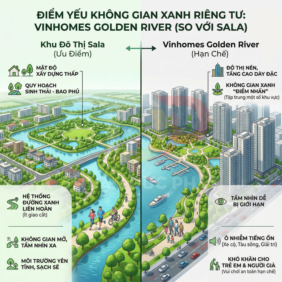 So sánh không gian xanh khu đô thị Sala mật độ thấp với Vinhomes Golden River nhiều cao ốc ven sông