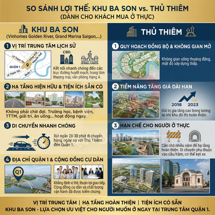 Infographic so sánh lợi thế mua nhà ở thực giữa khu Ba Son quận 1 và khu Thủ Thiêm TP HCM