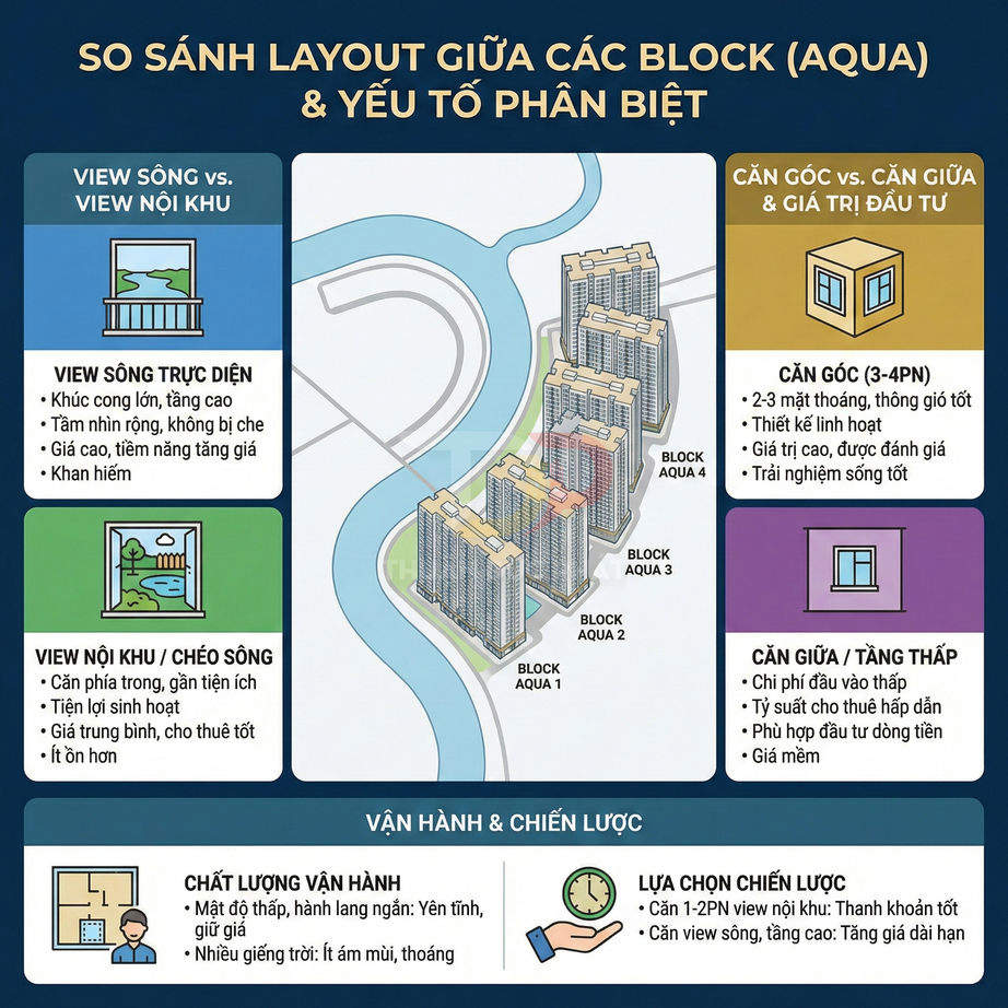 So sánh layout các block căn hộ Aqua view sông và nội khu, phân biệt căn góc và căn giữa để đầu tư