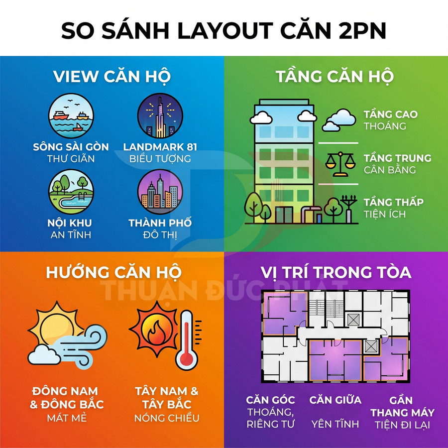 Infographic so sánh layout căn hộ 2 phòng ngủ theo view, tầng, hướng và vị trí trong tòa nhà