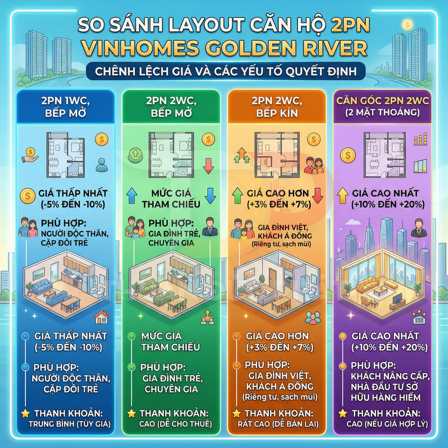 Infographic so sánh layout căn hộ 2PN Vinhomes Golden River với giá, công năng và nhóm khách phù hợp
