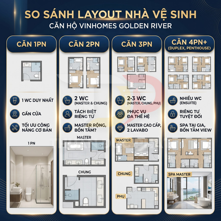 So sánh layout nhà vệ sinh các loại căn hộ Vinhomes Golden River từ 1PN đến 4PN+