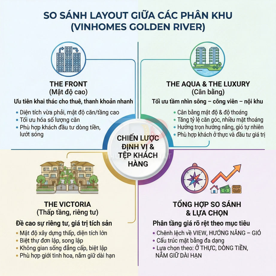 Infographic so sánh layout các phân khu The Front, The Aqua, The Luxury, The Victoria tại Vinhomes Golden River