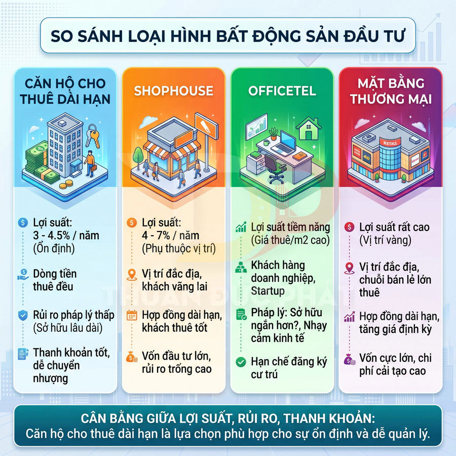 So sánh các loại hình bất động sản đầu tư: căn hộ cho thuê, shophouse, officetel, mặt bằng thương mại