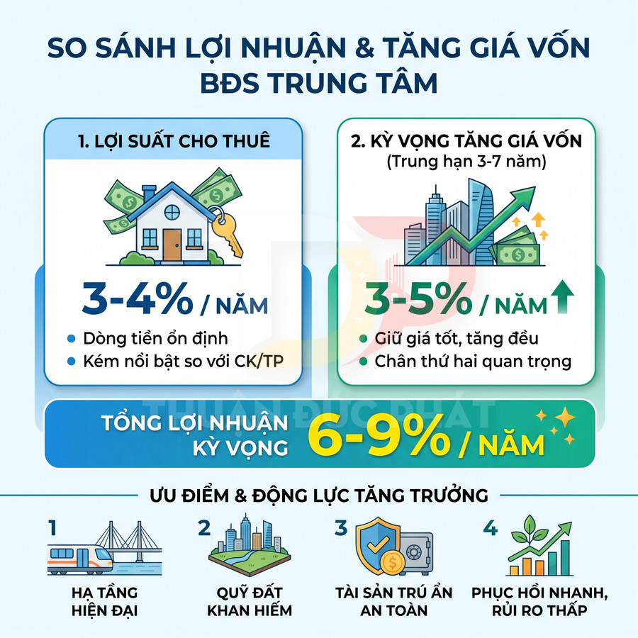 Infographic so sánh lợi nhuận và tăng giá vốn bất động sản trung tâm với lợi suất 3-4 và kỳ vọng tăng giá 3-5 mỗi năm