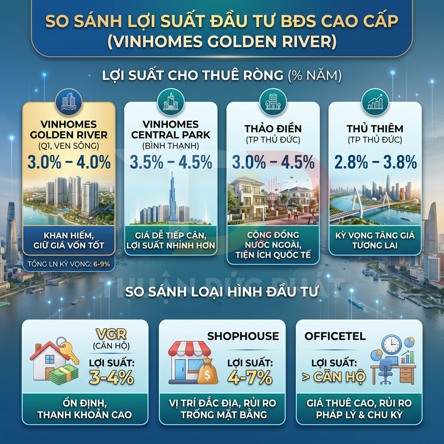 Infographic so sánh lợi suất đầu tư cho thuê Vinhomes Golden River với Vinhomes Central Park, Thảo Điền, Thủ Thiêm