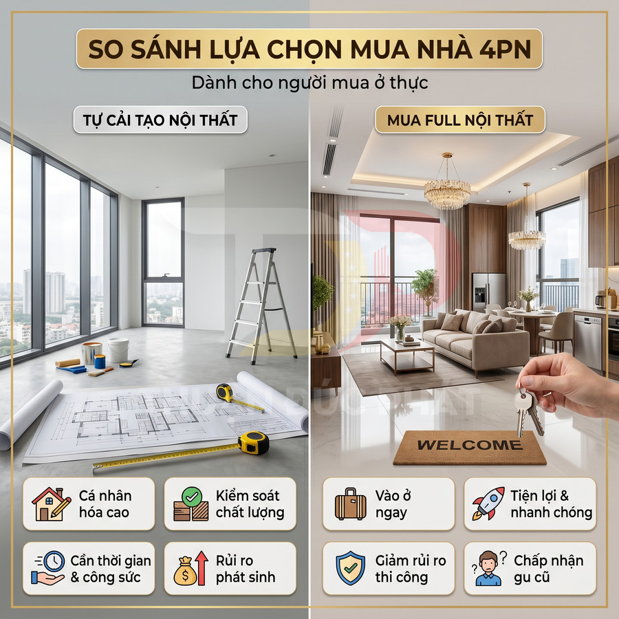 So sánh căn hộ 4 phòng ngủ tự cải tạo nội thất và căn hộ bàn giao full nội thất sang trọng