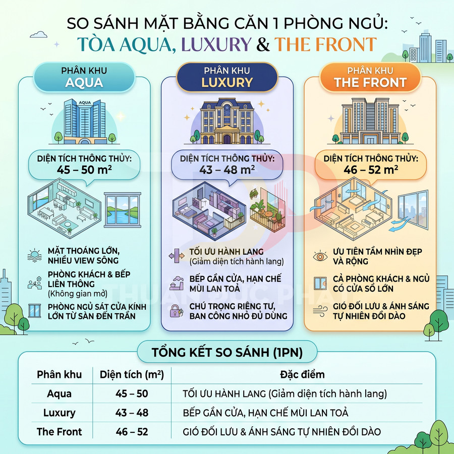 So sánh mặt bằng căn hộ 1 phòng ngủ các phân khu Aqua, Luxury và The Front về diện tích và ưu điểm